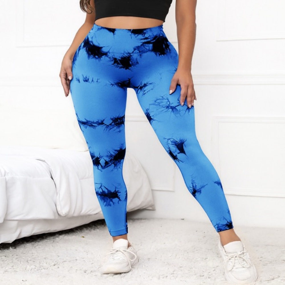 Women's Blue Tie-Dye Hidden Scrunch Leggings, High-Waist Sports Yoga Pants